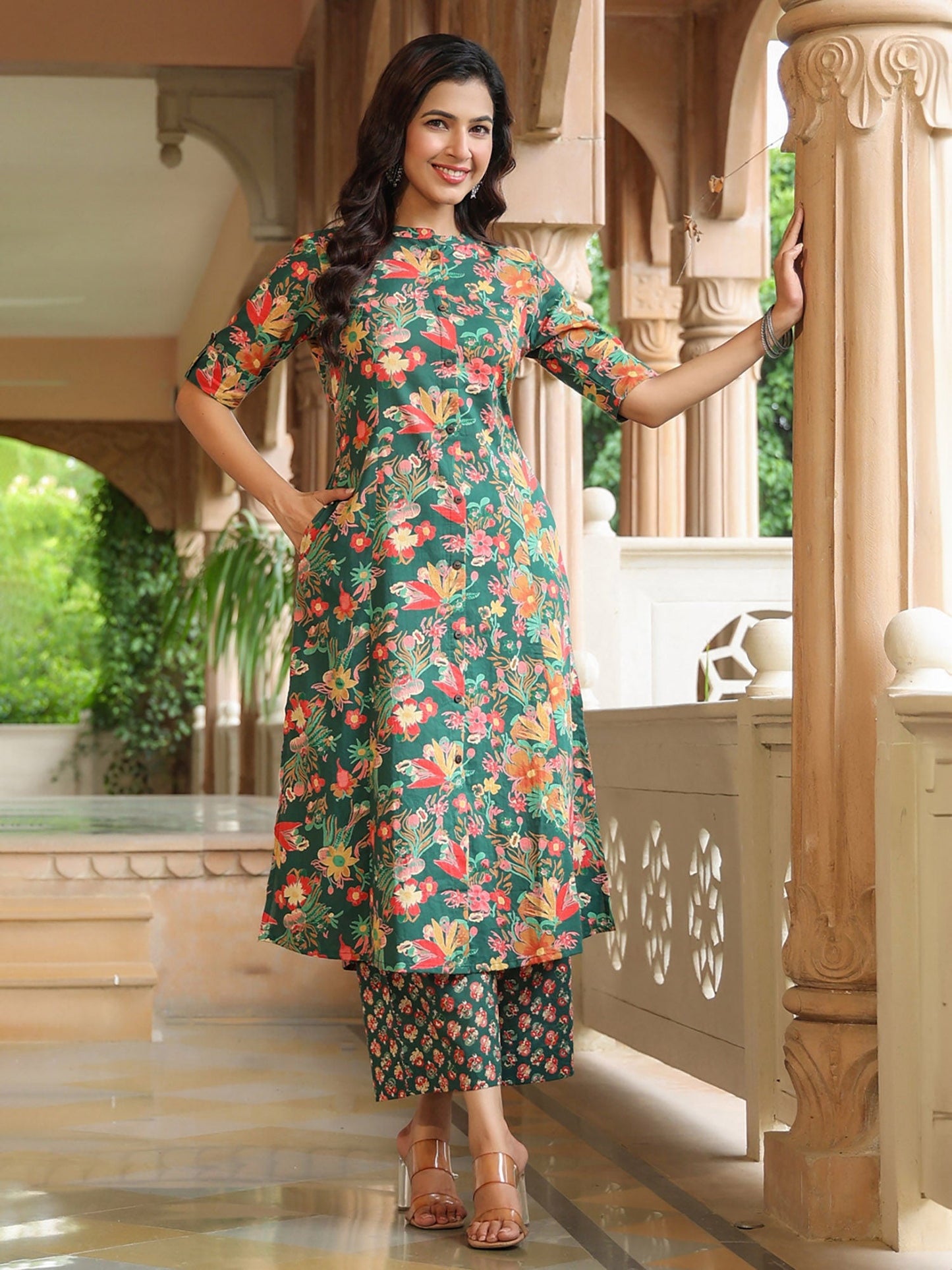 PIROH Womens Cotton Floral Print A-Line Kurta Palazzo Green (Set of 2)