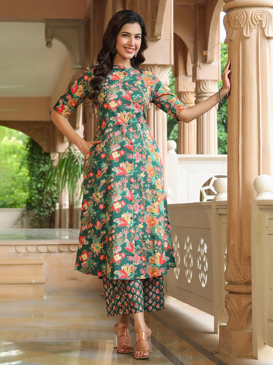 PIROH Womens Cotton Floral Print A-Line Kurta Palazzo Green (Set of 2)