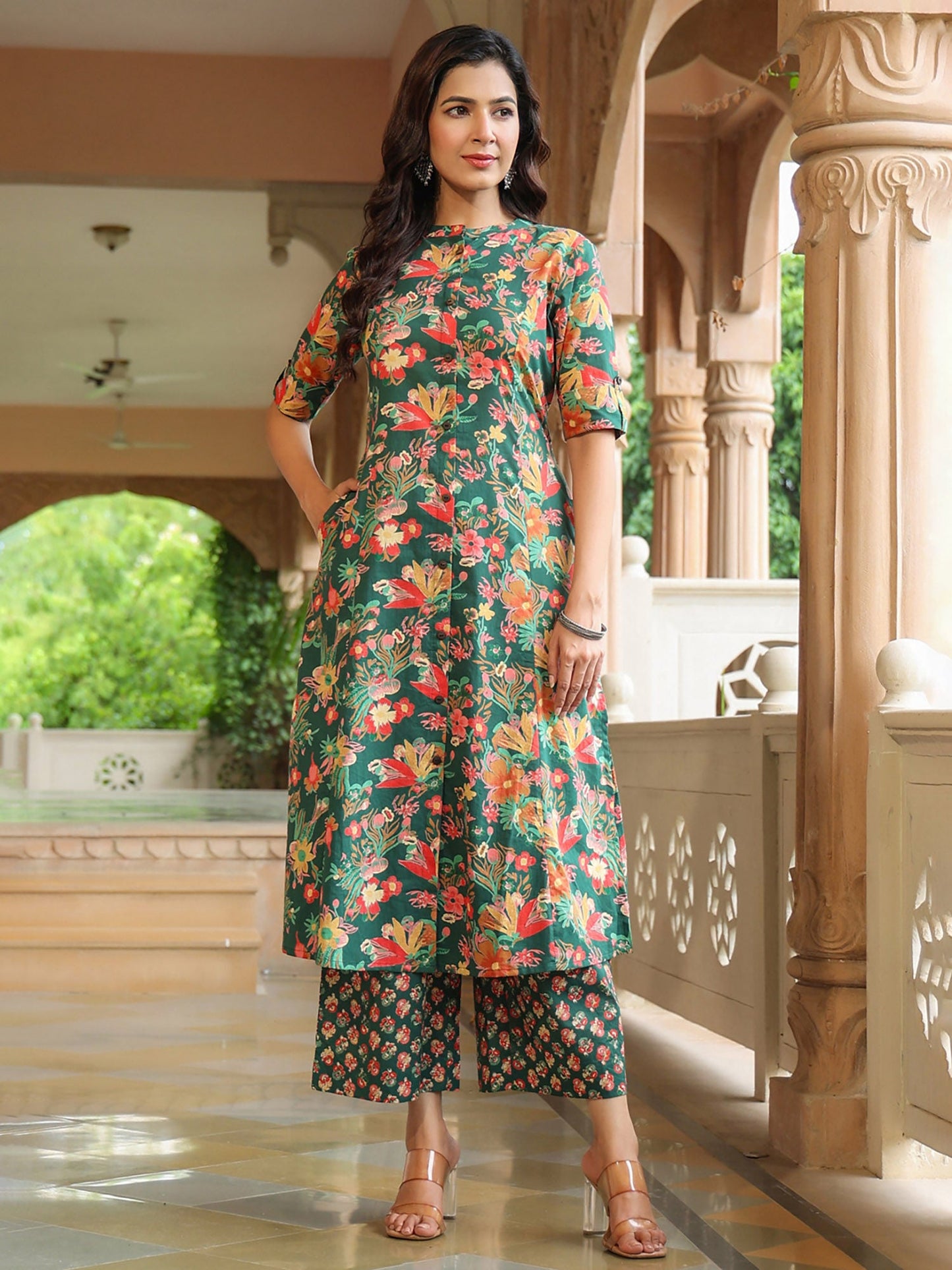 PIROH Womens Cotton Floral Print A-Line Kurta Palazzo Green (Set of 2)