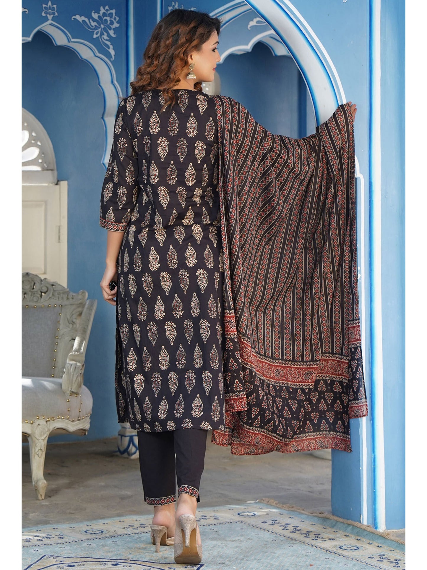 PIROH Womens Bagru With Embroidery Straight Kurta Trouser With Voile Dupatta (set Of 3)