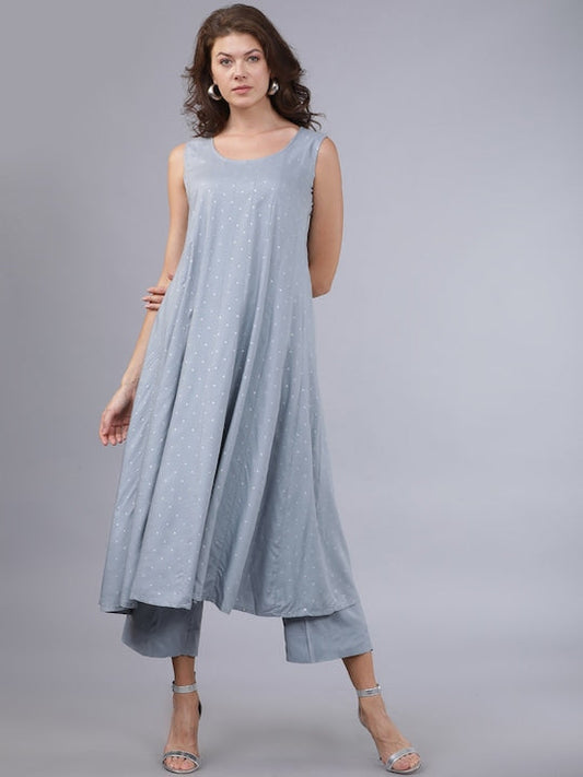 Vishudh Women Purple & Grey Printed Kurta with Trousers - XXL