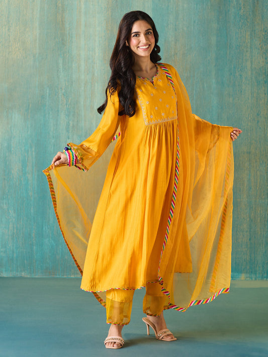 Likha Yellow Ethnic Bloom Embroidered Kurta Pant & Organza Dupatta LIKSKD203 (Set of 3)