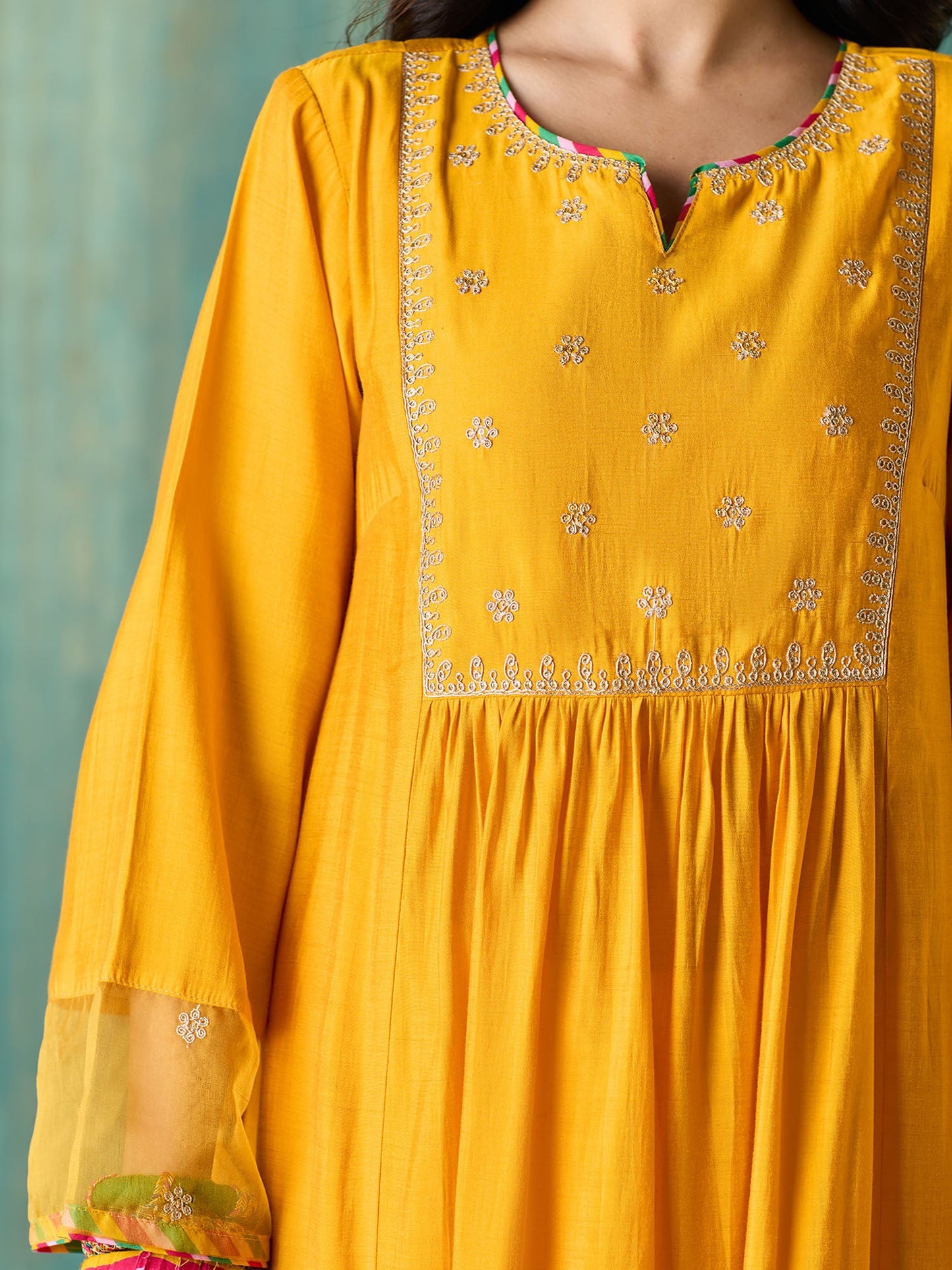 Likha Yellow Ethnic Bloom Embroidered Kurta Pant & Organza Dupatta LIKSKD203 (Set of 3)