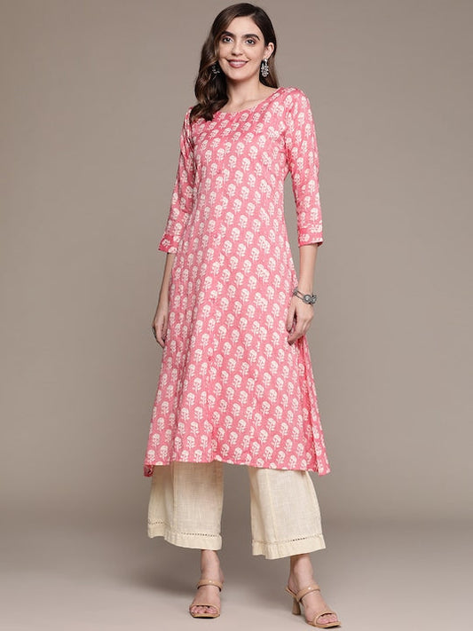 Anubhutee Pink & Off White Floral Printed Round Neck Kurta
