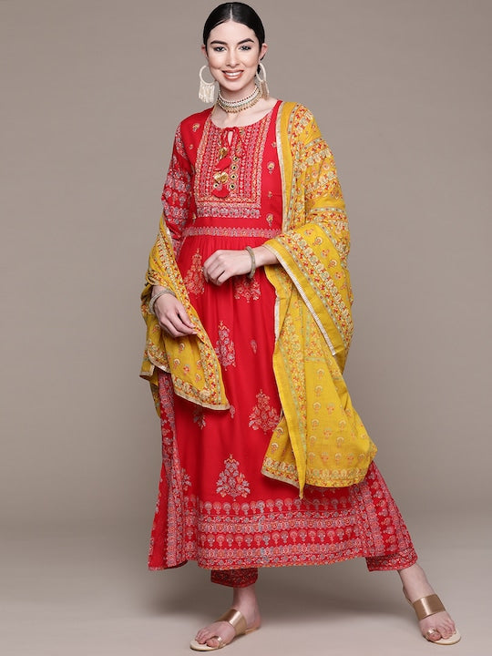 Anubhutee Women Red Ethnic Motifs Printed Thread Work Kurta with Palazzos & With Dupatta