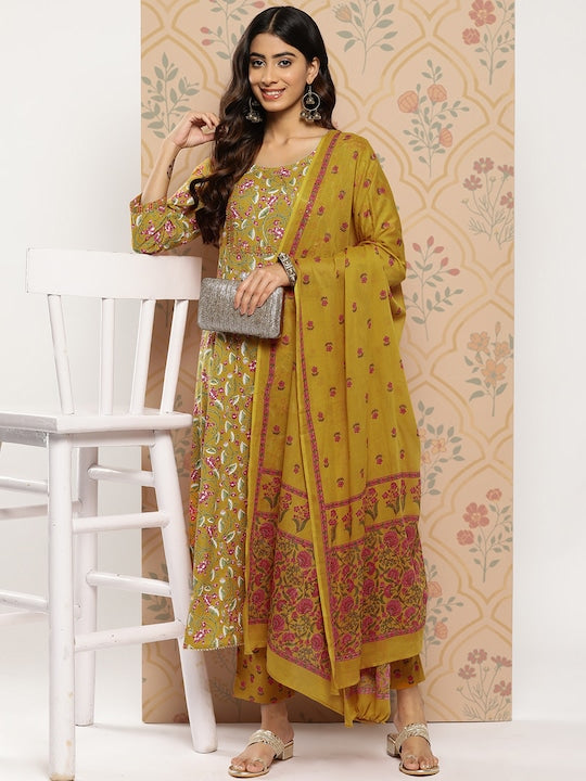 Yufta Women Mustard Yellow Floral Yoke Design Regular Sequinned Pure Cotton Kurta with Trousers & With