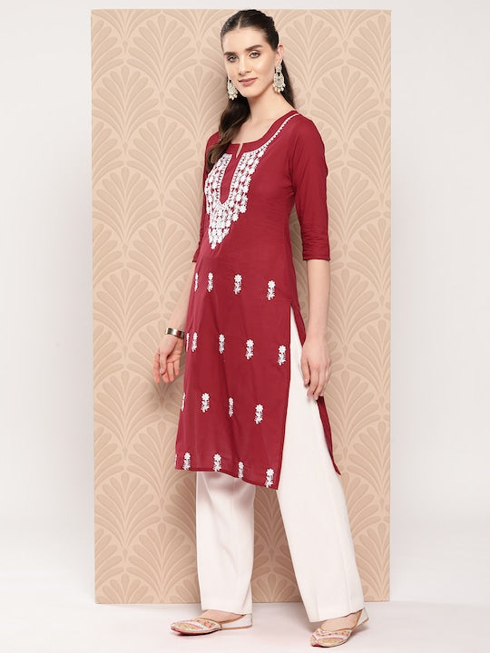 Yufta Floral Embroidered Chikankari Pure Cotton Kurta