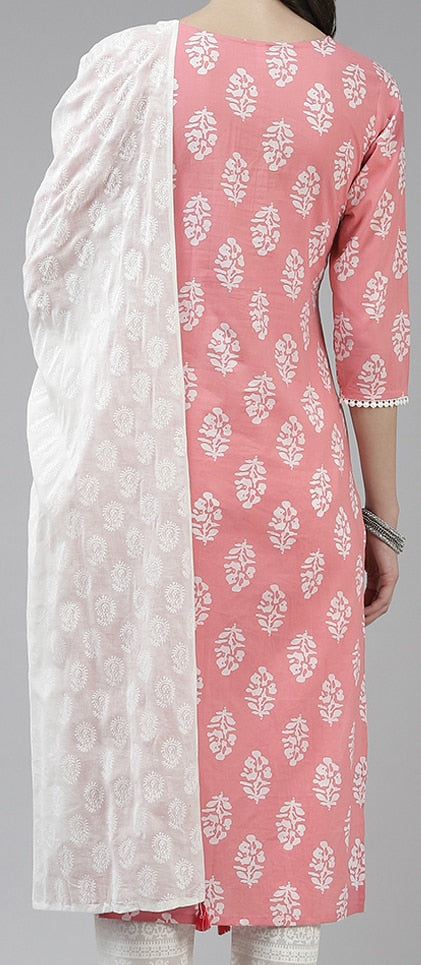 Yufta Women Pink Ethnic Motifs Printed Pure Cotton Kurta with Trousers & Dupatta