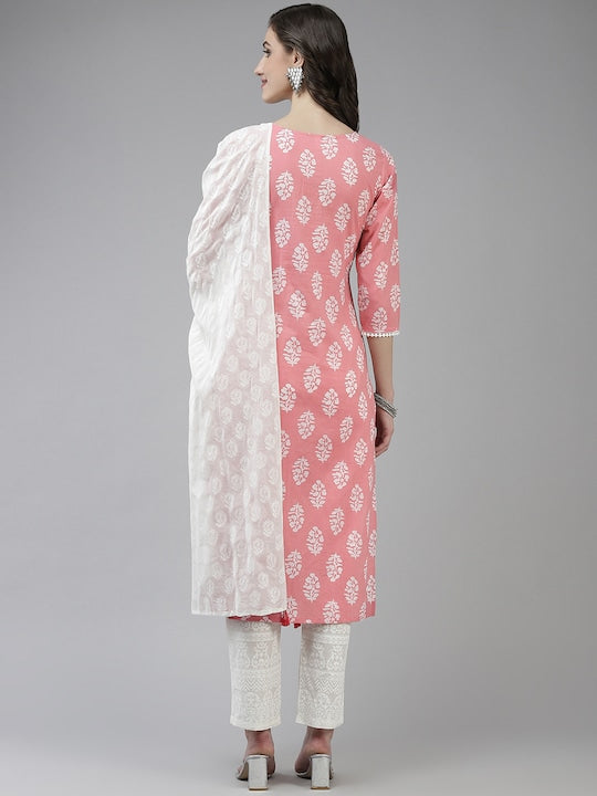 Yufta Women Pink Ethnic Motifs Printed Pure Cotton Kurta with Trousers & Dupatta