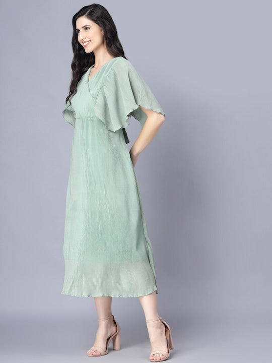 Myshka Women Green Solid Chiffon Midi Dress