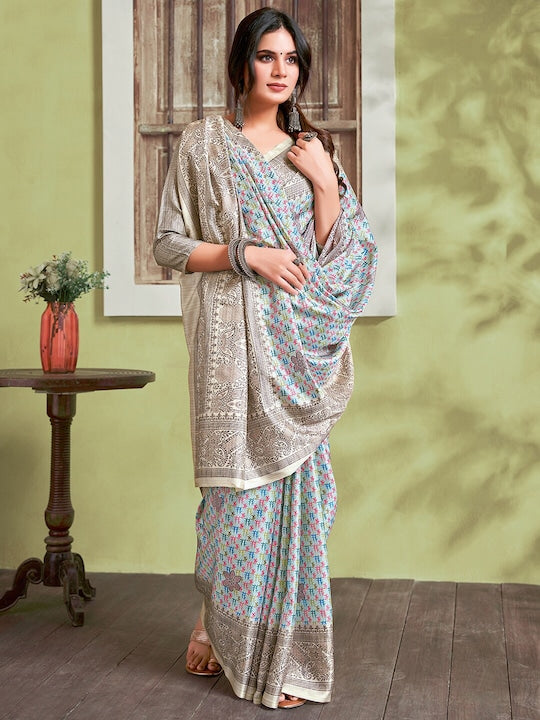 Saree mall Turquoise Blue & Pink Abstact Printed Silk Cotton Bagru Sarees