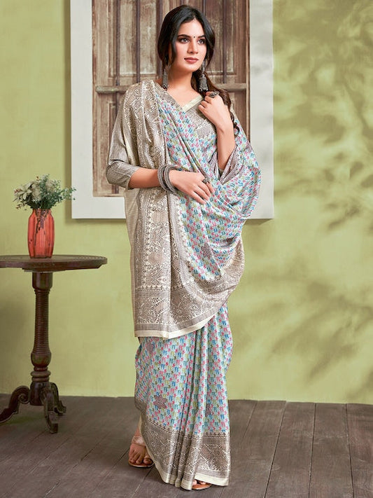 Saree mall Turquoise Blue & Pink Abstact Printed Silk Cotton Bagru Sarees