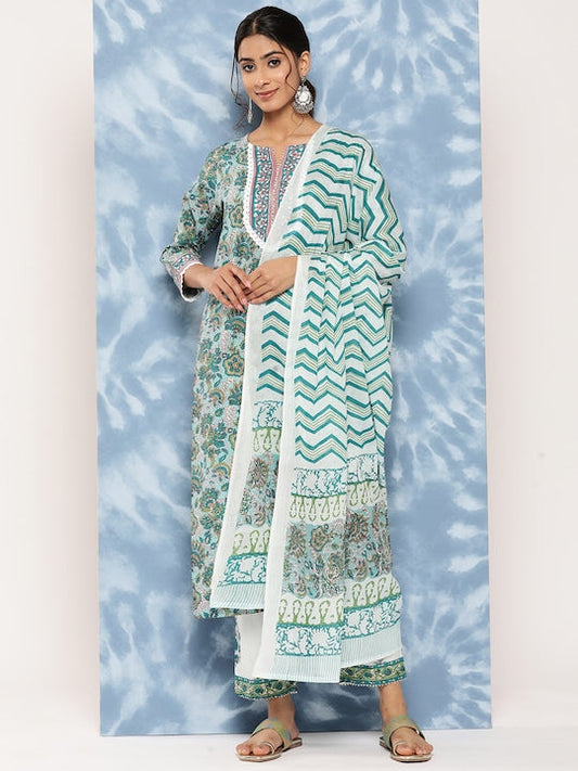 Yufta Floral Block Printed Regular Pure Cotton Kurta With Trousers & Dupatta
