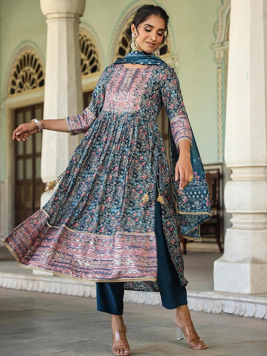 Scakhi Floral Printed Empire Mirror Work Chanderi Silk Kurta With Trousers & Dupatta