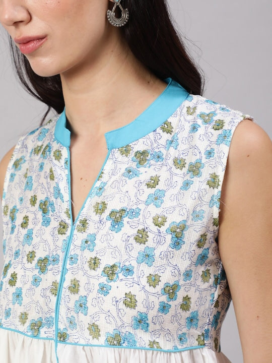 AKS Floral Printed Mandarin Collar Cotton Fit and Flare Dress