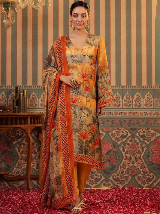 Scakhi Floral Printed Regular Silk Crepe Kurta with Trousers & With Dupatta