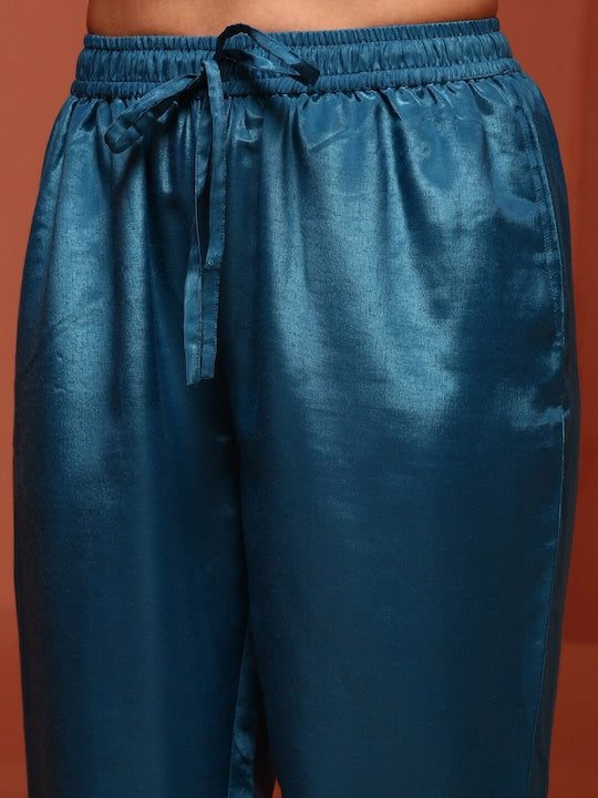 IMARA Floral Printed Mandarin Collar Sequinned Detailed A-Line Kurta With Trousers