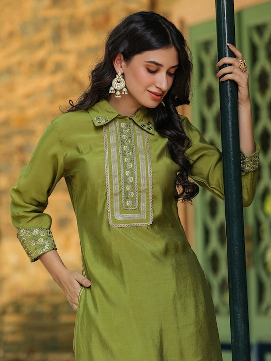 SCAKHI Floral Embroidered Shirt Collar Pathani Kurta With Patiala