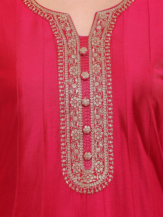 House of Pataudi Embroidered Round Neck Three-Quarter Sleeves A-Line Kurta Set