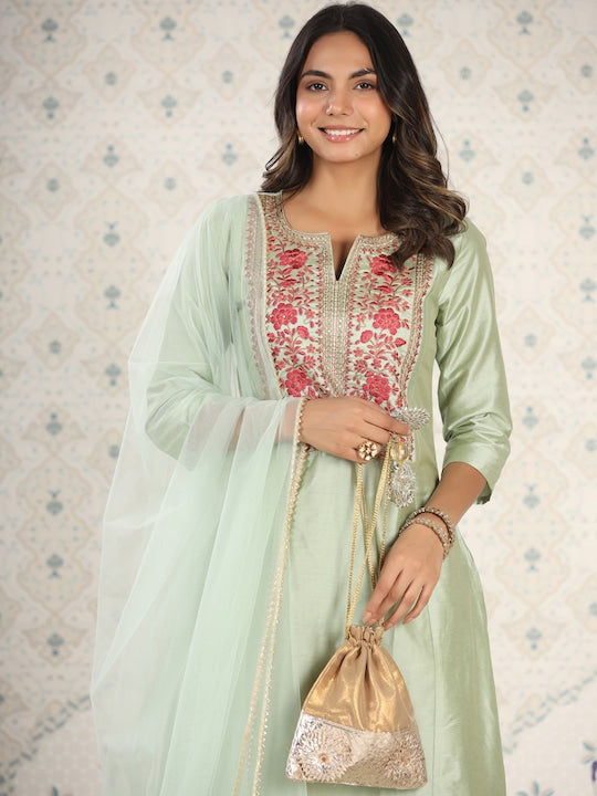House of Pataudi Embroidered Gota Patti A-Line Kurta with Trousers and Dupatta