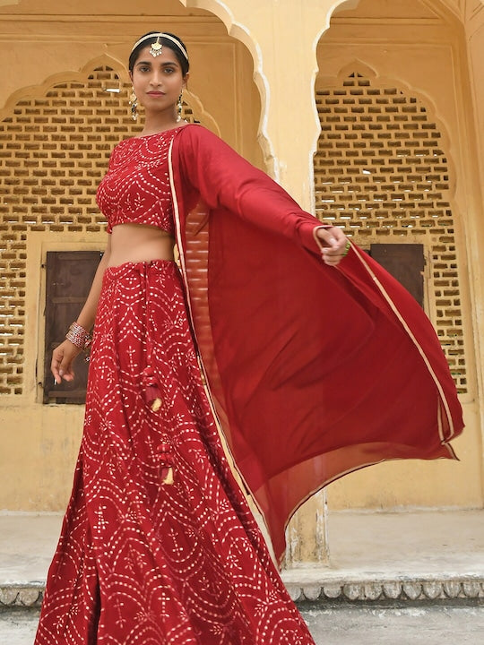 Janasya Women Maroon Rayon Ethnic Motifs Foil Print Lehenga Choli With Dupatta