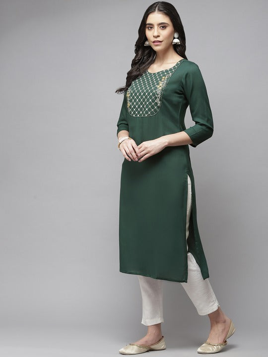 Yufta Women Green Ethnic Motifs Embroidered Mirror Work Kurta