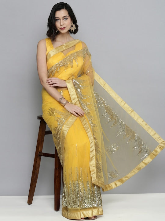 Here&now Yellow & Golden Sequinned Net Saree