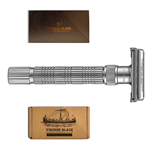 Adjustable Double Edge Safety Razor, The Emperor by VIKINGS BLADE, Long & Fat Handle, Butterfly Twist-To-Open, Eco Friendly, Luxury Case. Smooth, Close, Clean Shaving Razor (Frosted Chrome)