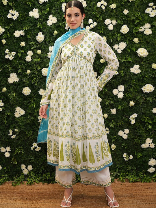 Vishudh Women Floral Printed Empire Pure Cotton Kurta with Palazzos & With Dupatta