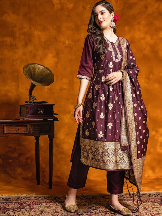 Here&now Ethnic Motifs Woven Design V-Neck Empire Kurta With Trousers & Dupatta