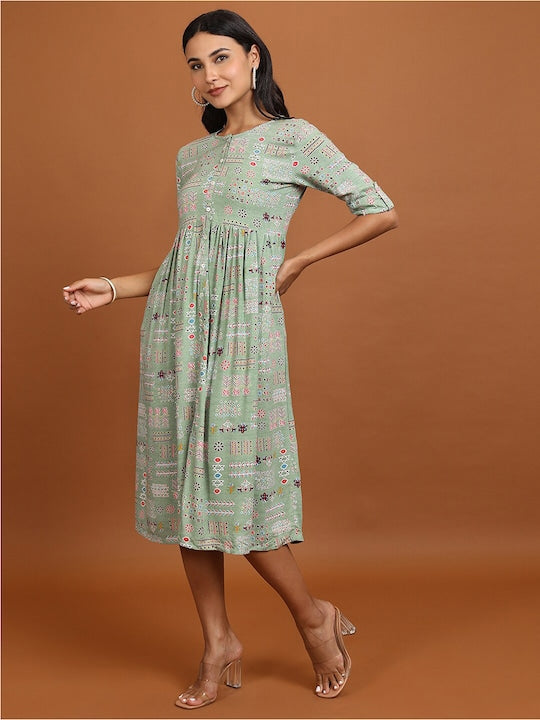 Vishudh Green Floral Printed A-Line Midi Dress