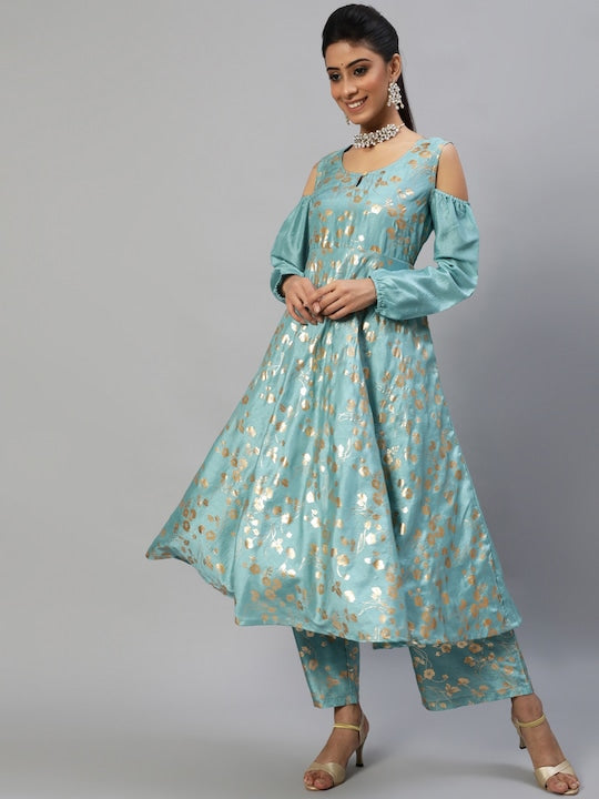AKS Couture Floral Printed Keyhole Neck Cold-Shoulder Sleeves Anarkali Kurta