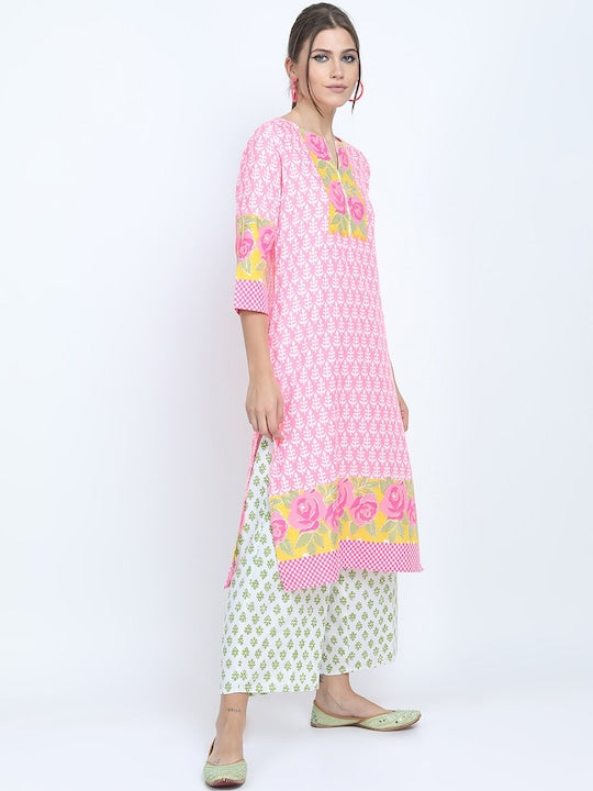 Vishudh Women Pink Floral Yoke Design Cotton Blend Kurta Palazzo With Dupatta