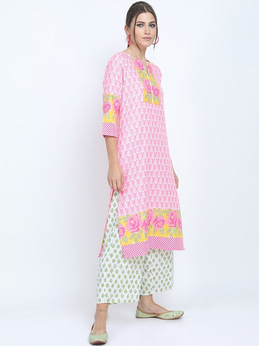 Vishudh Women Pink Floral Yoke Design Cotton Blend Kurta Palazzo With Dupatta