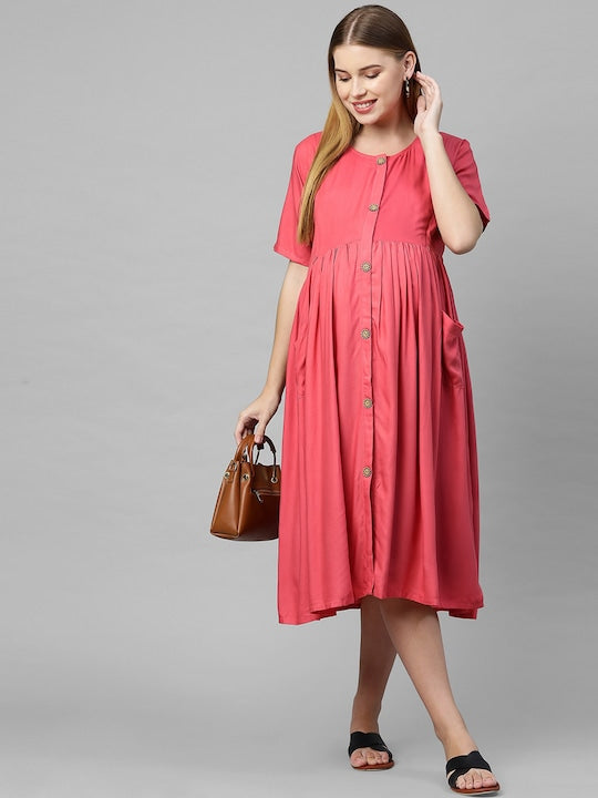 MomToBe Peach-Coloured Solid Maternity Nursing A-Line Midi Dress