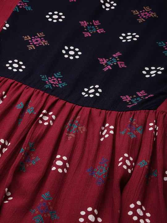 Sangria Women Maroon & Black Geometric Printed Crepe Anarkali Kurta