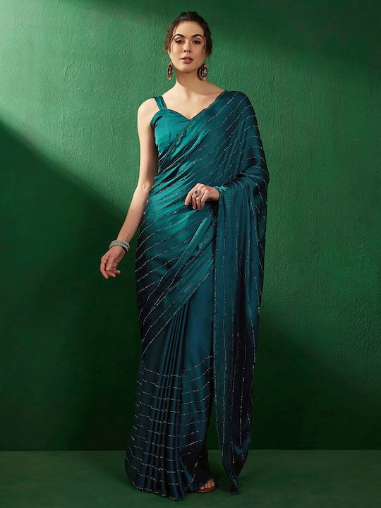 Sangria Striped Embellished Satin Beads and Stones Saree