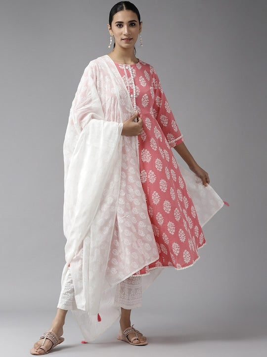Yufta Women Floral Printed Pure Cotton Kurta with Palazzos & Dupatta