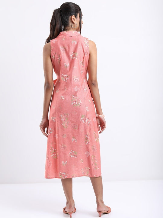 Vishudh Spread Collar Floral Printed Tie Up A-Line Midi Dress
