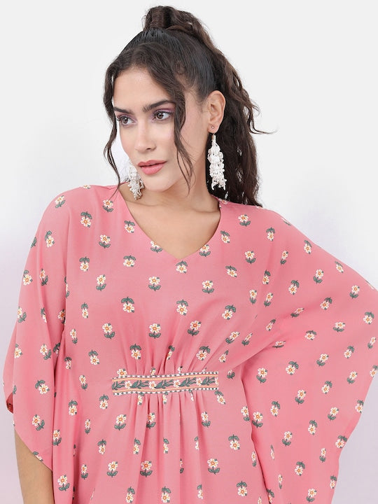 Vishudh Pink Floral Printed V-neck Kaftan With Trouser