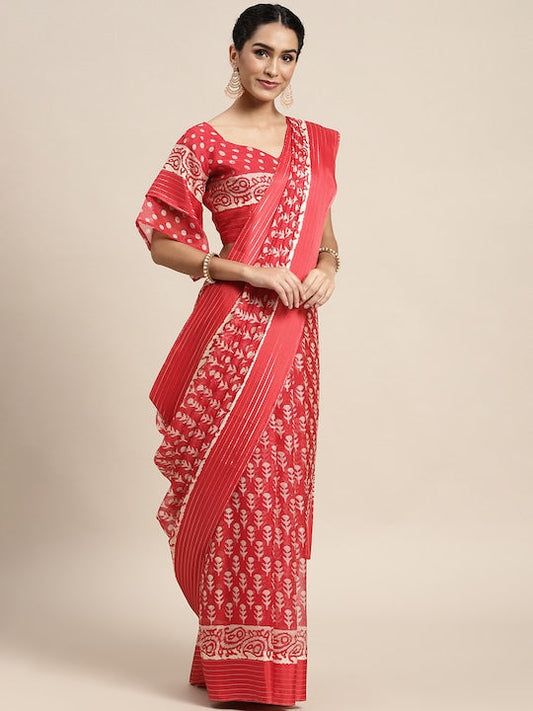 Saree mall Red & White Batik Print Sarees