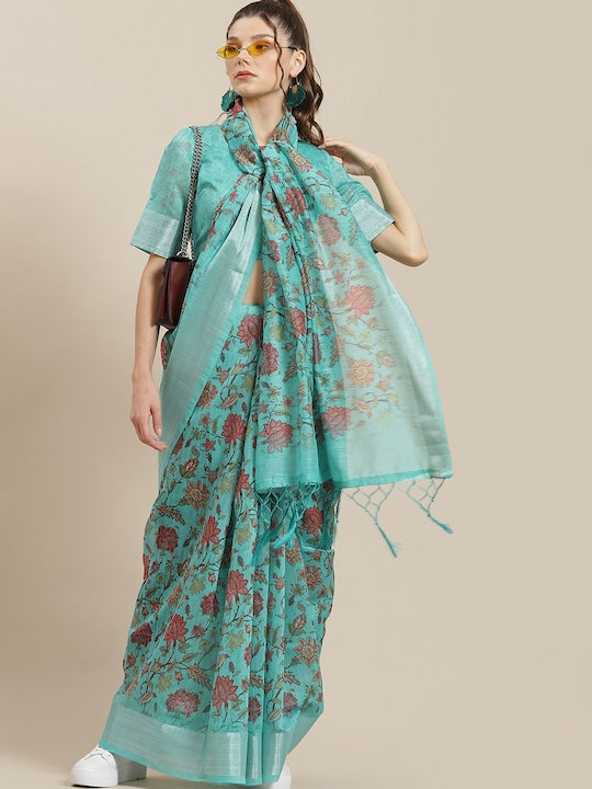 AKS Floral Printed Zari Silk Blend Chanderi Saree