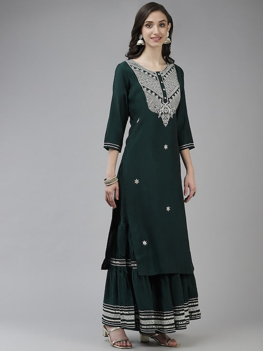 Yufta Women Teal Green Ethnic Motifs Yoke Design Sequinned Kurta with Sharara & Dupatta