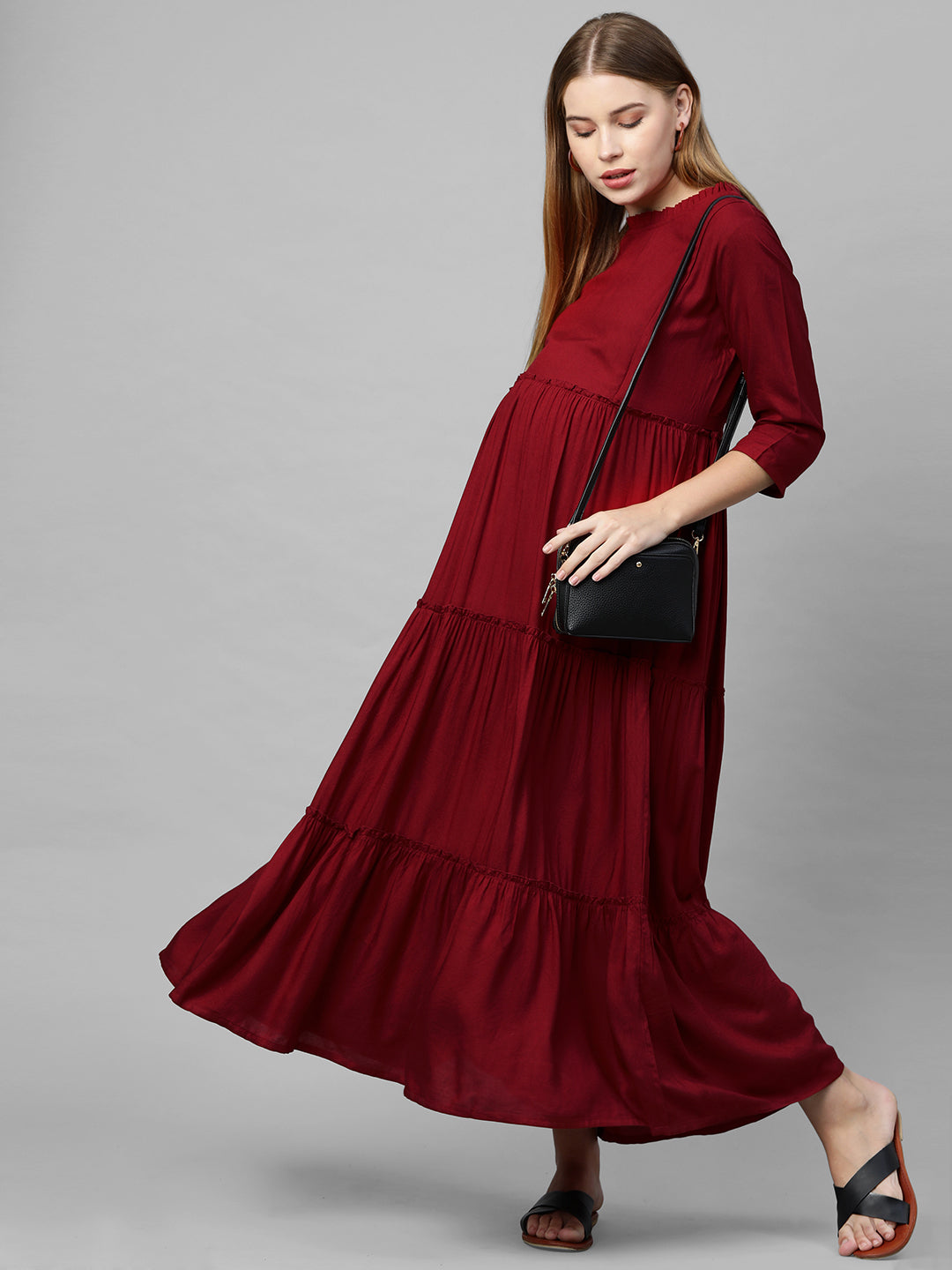 MomToBe Women Maroon Solid Maternity Nursing Maxi Dress