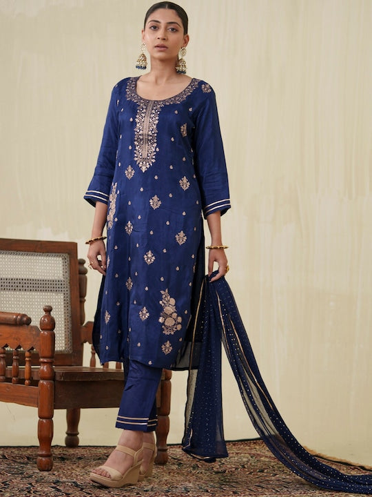 House of Pataudi Ethnic Motifs Printed Straight Kurta With Trouser & Dupatta
