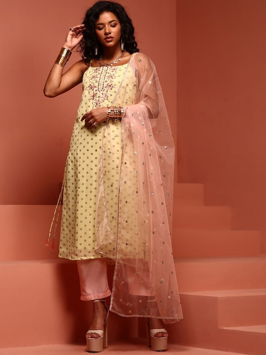 IMARA Women Ethnic Motifs Printed Regular Thread Work Kurta with Trousers & Dupatta