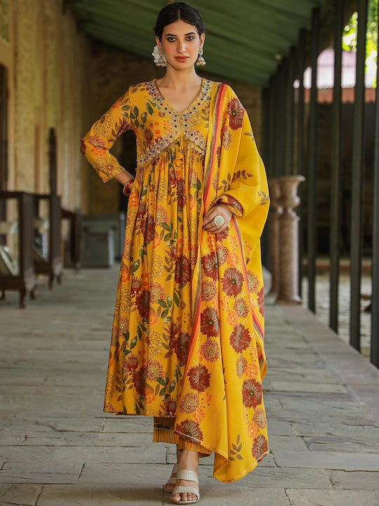 Scakhi Floral Printed Empire Thread Work Kurta with Trousers & Dupatta