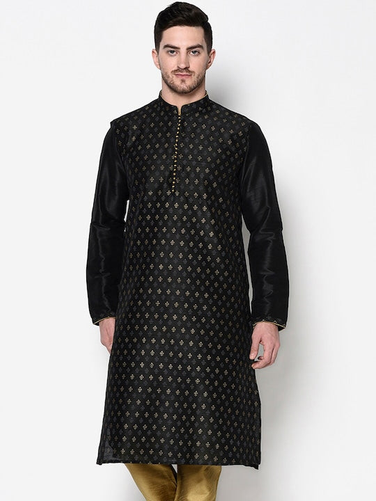 Deyann Men Black Ethnic Motifs Printed Dupion Silk Kurta