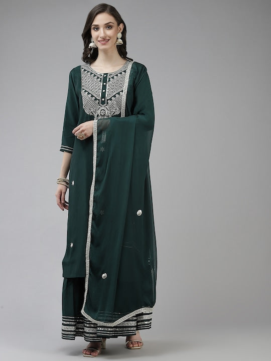 Yufta Women Teal Green Ethnic Motifs Yoke Design Sequinned Kurta with Sharara & Dupatta