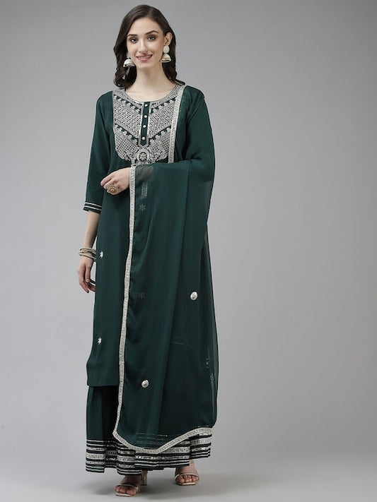 Yufta Women Teal Green Ethnic Motifs Yoke Design Sequinned Kurta with Sharara & Dupatta